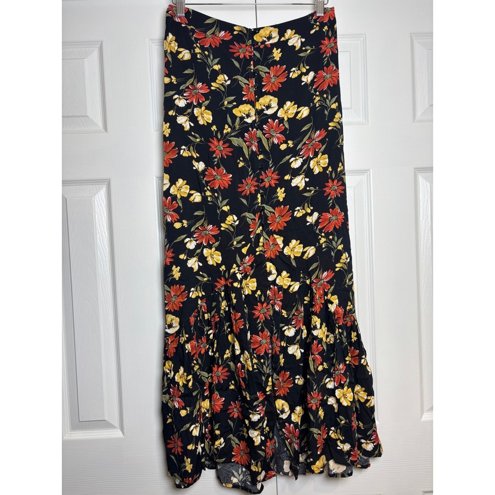 Forever 21 Women Black Floral Button Front Ruffle Hem Maxi Skirt Size M NWT